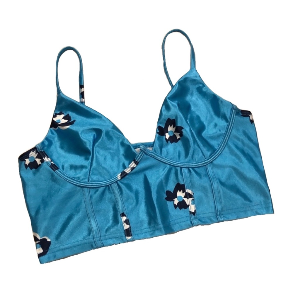 Blue Floral Satin Crop Tank Top